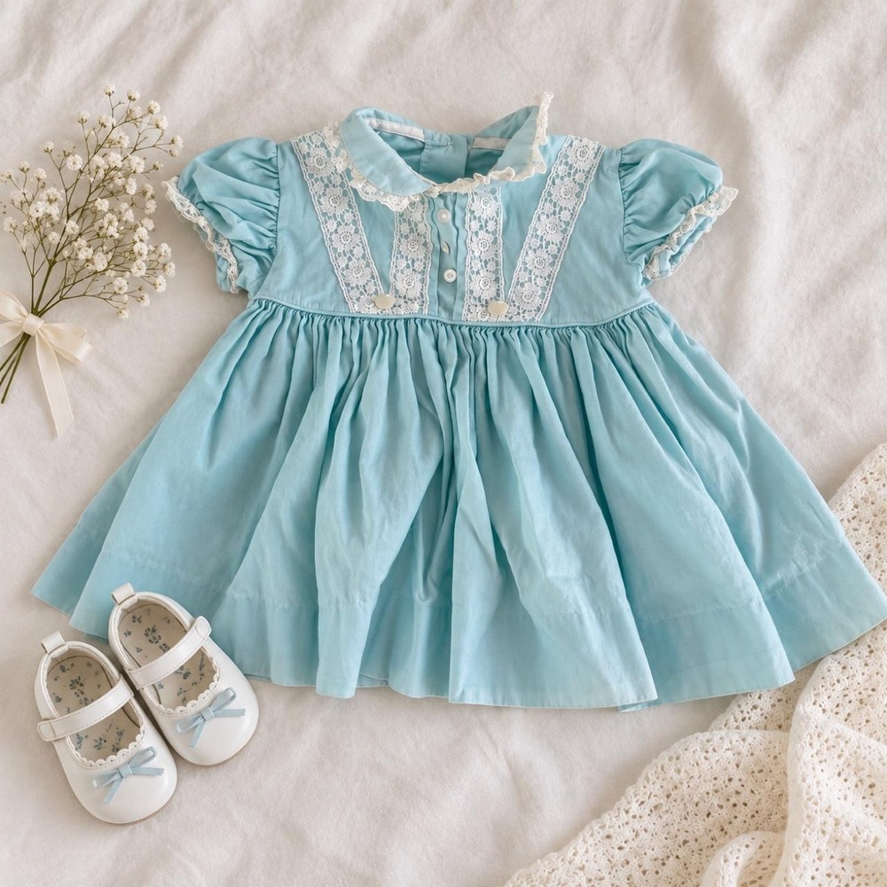 Heirloom 60s Vintage baby blue lace puff sleeve dress